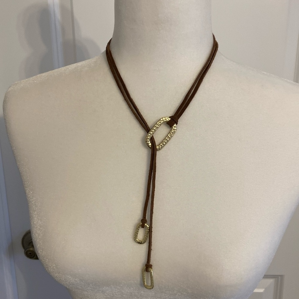 Brown Leather and Gold Metal Lariat Style Necklace. Very Boho Chic!